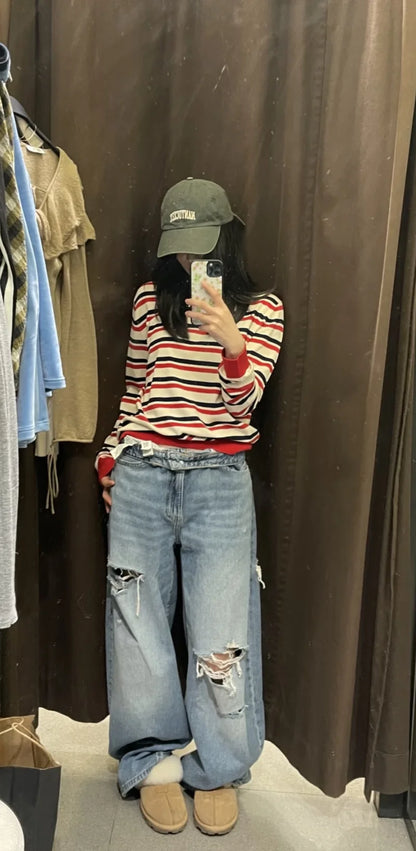 ETJ 2025 nuovi jeans da donna street fashion a vita media con risvolto, lavati e strappati, versione ampia dei pantaloni lunghi fino al pavimento