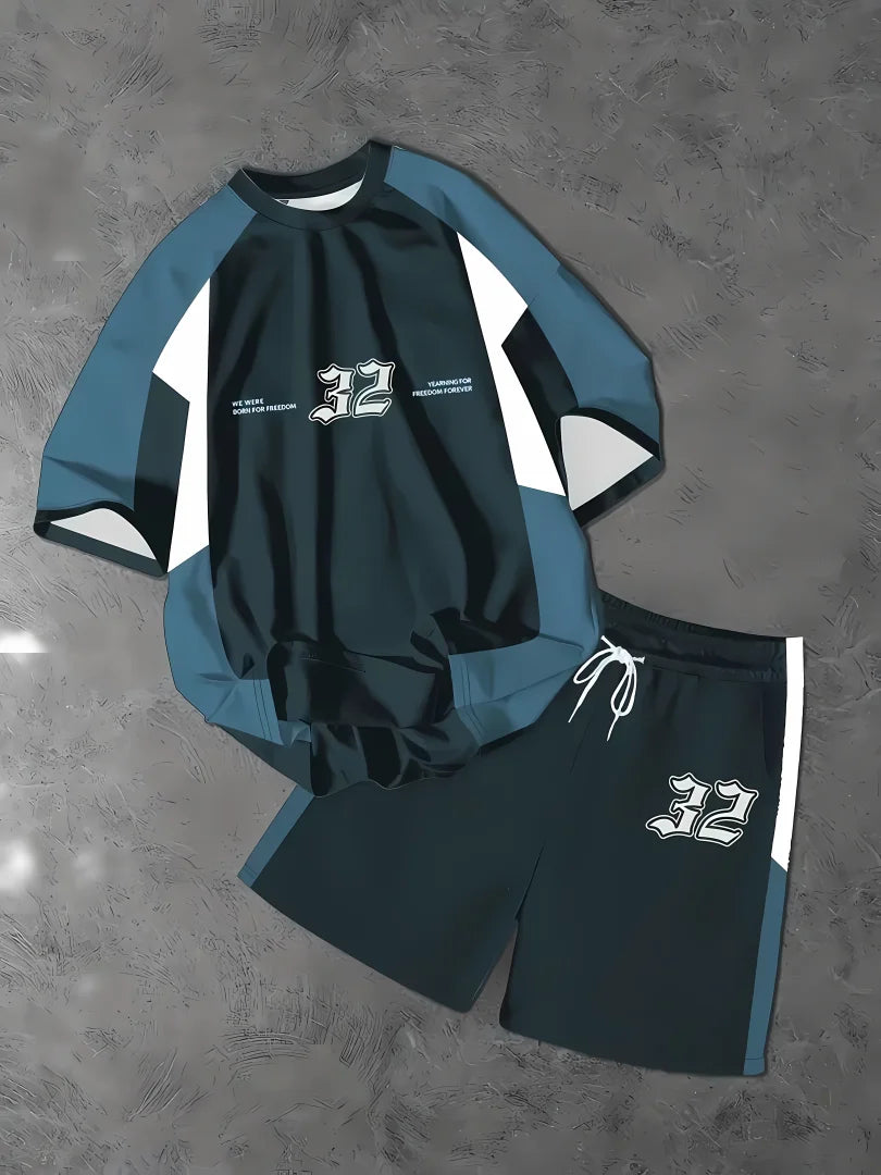 Completo estivo da uomo con pullover girocollo, t-shirt sportiva con stampa di lettere, pantaloncini a maniche corte morbidi, set due pezzi con t-shirt.