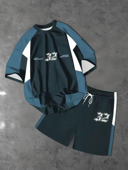 Completo estivo da uomo con pullover girocollo, t-shirt sportiva con stampa di lettere, pantaloncini a maniche corte morbidi, set due pezzi con t-shirt.