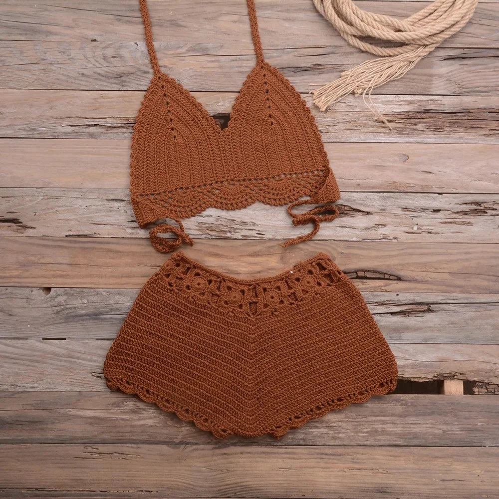 Hand-Knitted Hollow out Bikini Swimwear Beach Holiday Sand Beach Women's Two-Piece Swimsuit Lace Trim Hooked Design Outdoor Spor