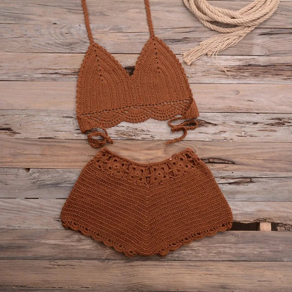 Costume da bagno bikini traforato lavorato a mano, ideale per vacanze al mare, spiaggia, sabbia, due pezzi da donna, con bordo in pizzo e design a gancio, per attività all'aperto e sport.