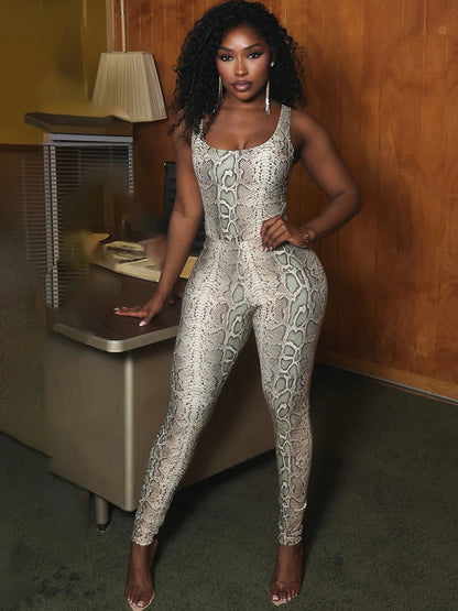 Body senza maniche e scollo profondo con stampa serpentina Kliou da donna, due pezzi, pantaloni lunghi aderenti color pesca, hot night clubwear
