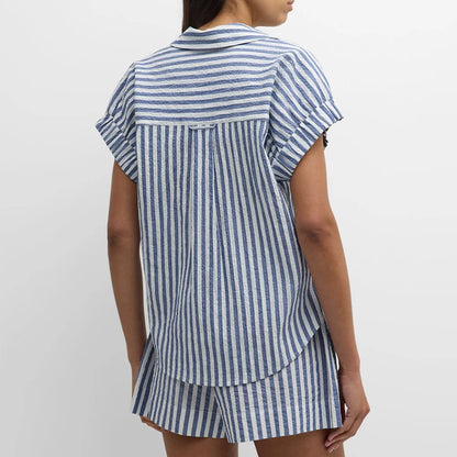 2026 New European & American Blue-White Stripe Short-Sleeve Set: Collared Half-Placket Top + Drawstring Shorts, 2-Piece for Casu