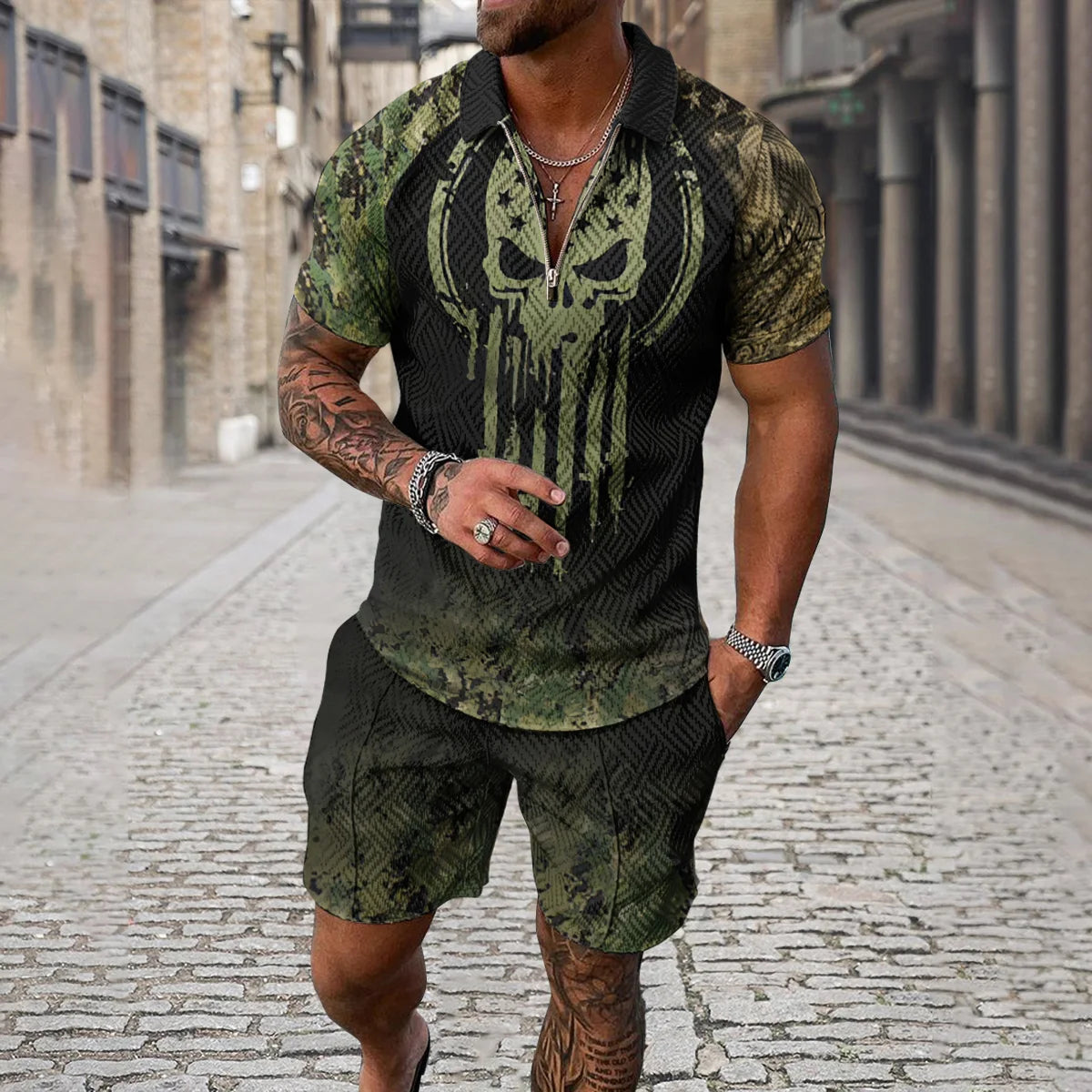 Completo estivo da uomo con stampa 3D, composto da polo con cerniera e pantaloncini, 2 pezzi, stile boho geometrico, abbigliamento per le vacanze.