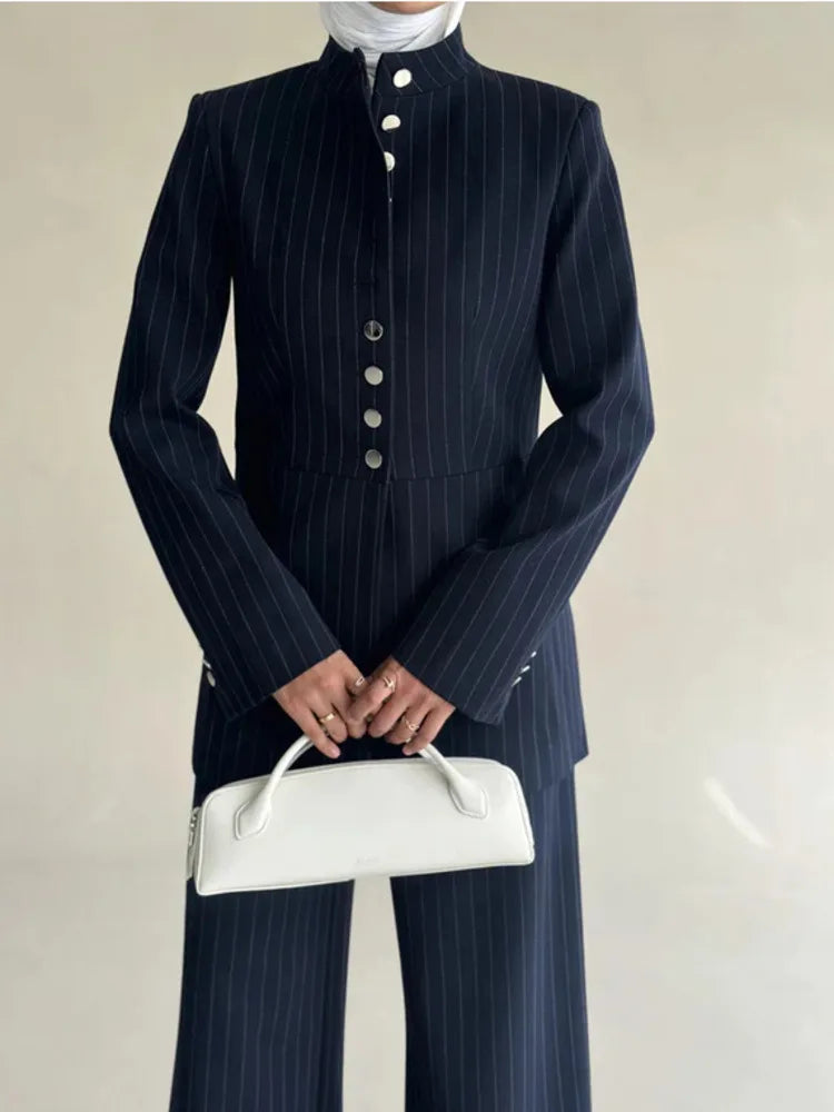 VTKW 2026 New Arrival Women Navy Blue Pinstripe Mandarin Collar Single Breasted Blazer Pockets Wide Leg Pants Set Office Casual