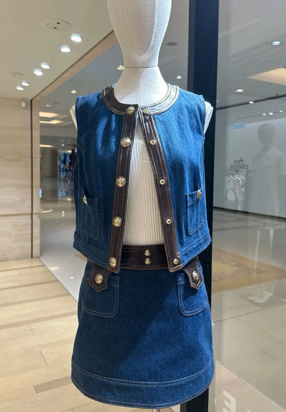 Women's Denim Patchwork Leather Round Neck Sleeveless Vest A-Line Short Skirt Set Women's 25 Early Autumn New Item