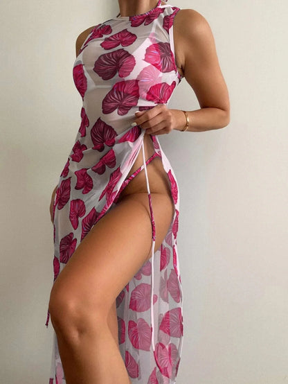 Women'S Bikini Set Solid Color Printing 3-Piece Set Beach Sexy Tight Low Waist Mesh Drawstring Split Style