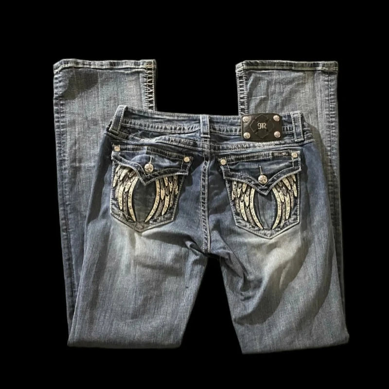 American High Street Embroidered Jeans Angel Wings Sticky Diamond Hot Girl Women Jeans Harajuku Y2k Straight Leg Goth Pants