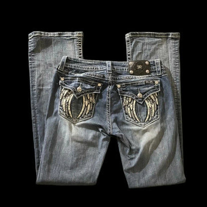 Jeans ricamati stile americano High Street, ali d'angelo, diamanti appiccicosi, jeans da donna Hot Girl, pantaloni gotici a gamba dritta stile Harajuku Y2k.
