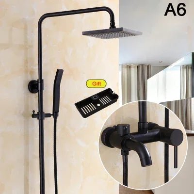 Bathroom Antique Black Painting Brass Lifting Column Wall Mount Shower Set 8" 3-Functions Hot Cold Rainfall Shower Mixer Tap