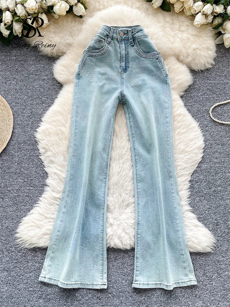 SINGREINY Autumn Diamond Denim Long Pants Women's Pockets Bodycon Hotsweet Casual Trousers Fashion Shiny Retro Wide Leg Jeans