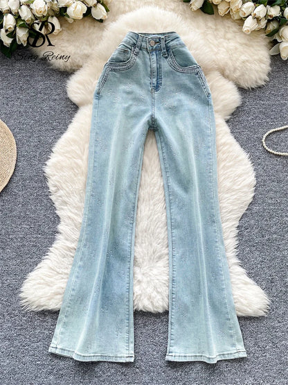 SINGREINY Pantaloni lunghi in denim Autumn Diamond da donna con tasche, modello aderente Hotsweet, casual, alla moda, lucidi, retrò, a gamba larga