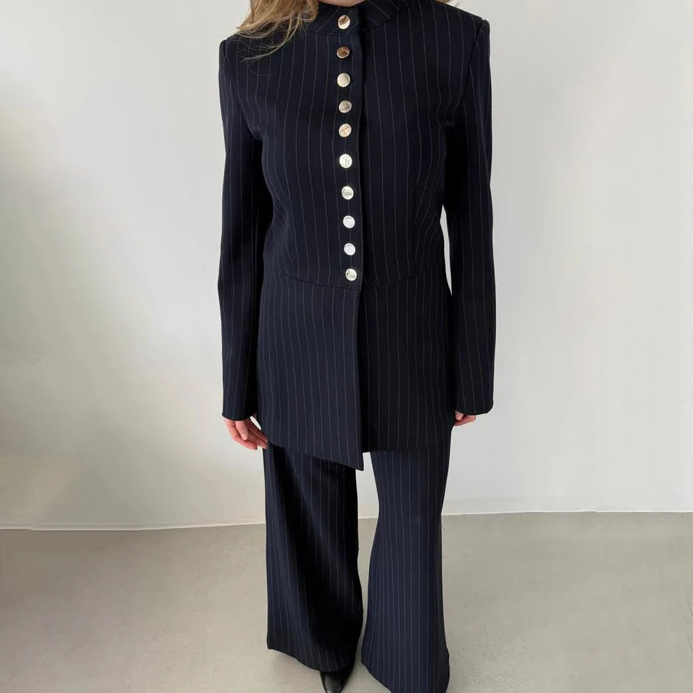 VTKW 2026 Nuovo arrivo da donna blu navy a righe con colletto alla coreana, blazer monopetto, tasche, pantaloni a gamba larga, set casual da ufficio