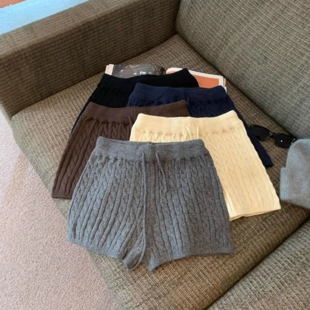 Pantaloncini da donna in maglia a vita alta con coulisse, tinta unita, stile americano, nuovi arrivi autunnali, in fibra di poliestere.