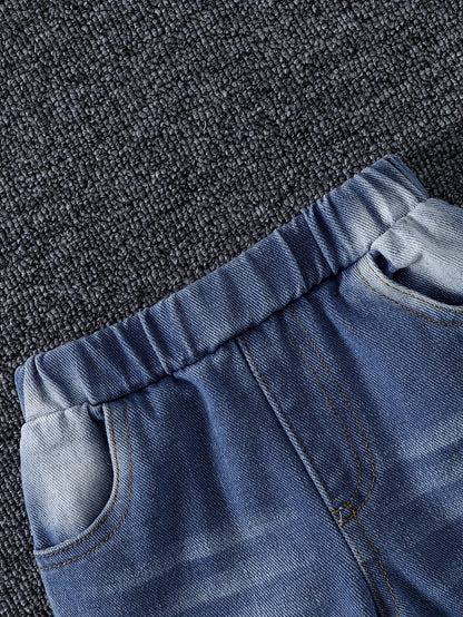 Completo in denim per bambini primavera autunno, design con strappi, giacca in jeans ampia con chiusura a bottoni, versatile, resistente all'usura, stile street.