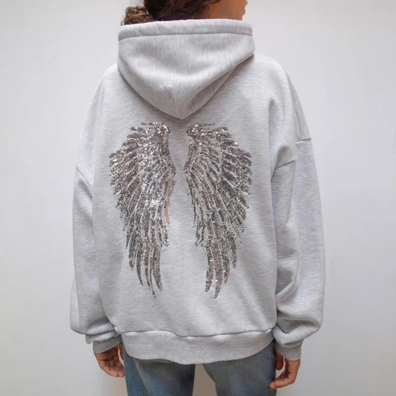 Autumn Winter Women's Hoodie Trousers 2piece Set Solid Vintage Shiny Wing Print Long Sleeve Zip Up Casual Sweatshirt Streetwear