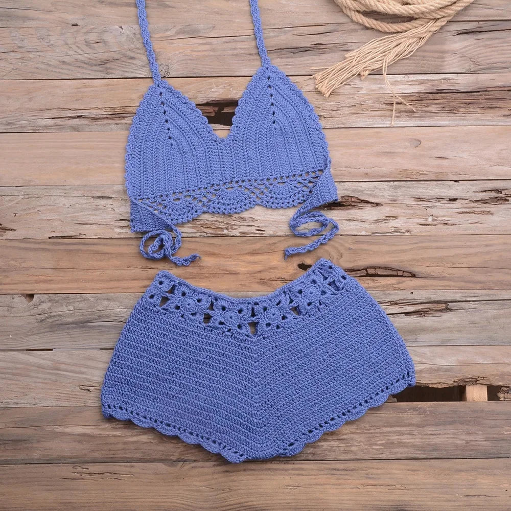 Hand-Knitted Hollow out Bikini Swimwear Beach Holiday Sand Beach Women's Two-Piece Swimsuit Lace Trim Hooked Design Outdoor Spor