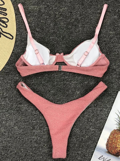 Bikini a V con ferretto e glitter scintillanti da donna, costume da bagno brasiliano a due pezzi, costume da bagno a triangolo.