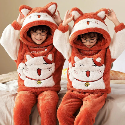 Pigiama invernale caldo per ragazzi con animali dei cartoni animati, set pigiama per bambini in pile di corallo, completo da casa in flanella con cappuccio, pigiama per ragazzi