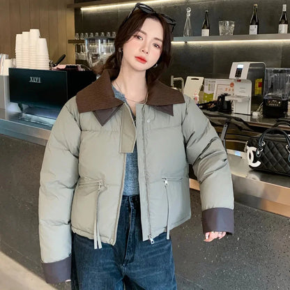 Short and Petite Down Cotton Jacket for Women in Winter 2024 With Loose Cesign and Patchwork Collar Cotton Jacket for Commuting