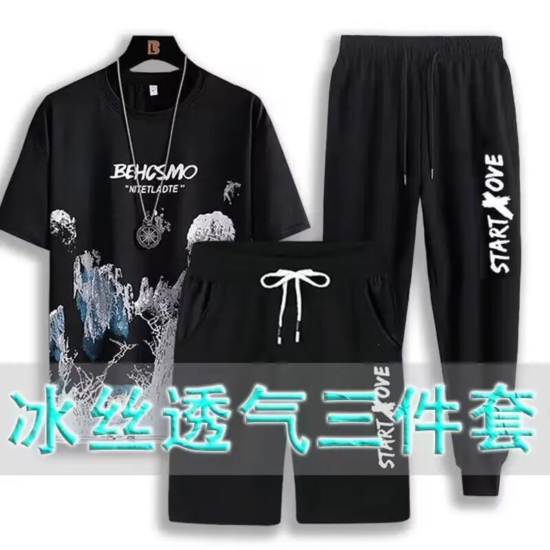 Completo sportivo da tre pezzi per ragazzi, composto da pantaloncini ad asciugatura rapida, t-shirt a maniche corte alla moda e abbigliamento casual estivo leggero per studenti.