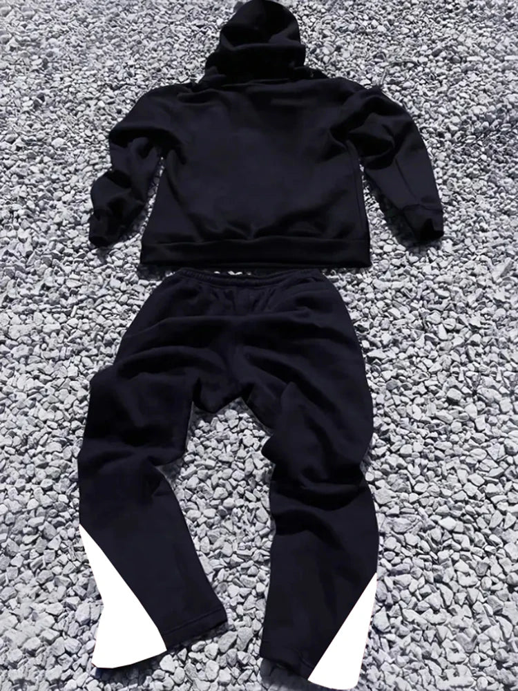 Men's Street - style Casual and Stylish Hooded Set with Black - and - White Color Blocking and Los Angeles Alphabet Print