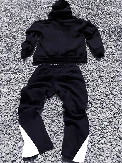 Men's Street - style Casual and Stylish Hooded Set with Black - and - White Color Blocking and Los Angeles Alphabet Print