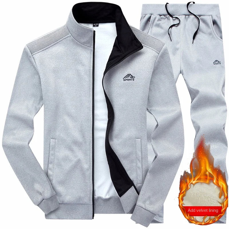 New set with plush and thickened warm embroidery cardigan, two-piece sports suit, men's long sleeved pants, knitted casual suit