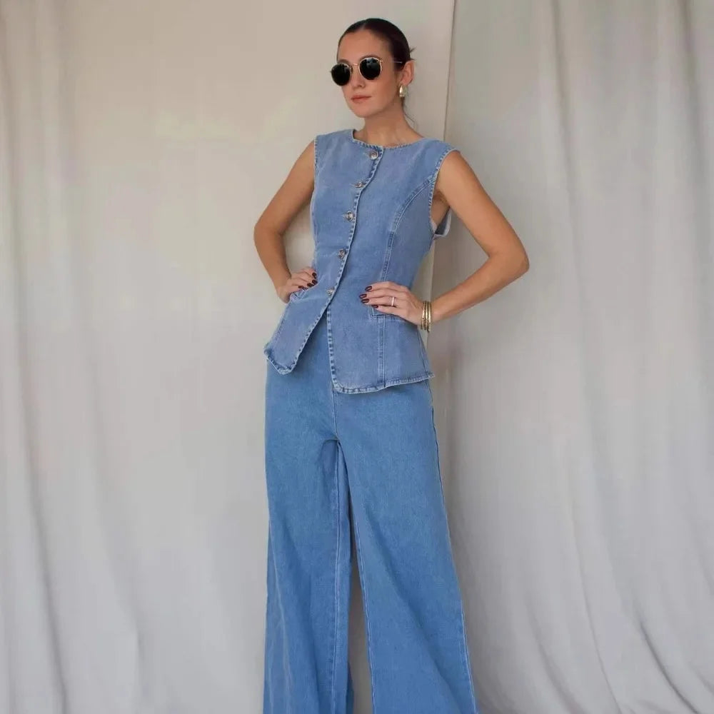 American Style Solid Color Fashion Sleeveless Vest And Jeans Set Straight Leg Wide Pants Women's Denim Outfit Cotton Material
