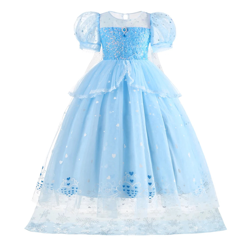 Abito da principessa Elsa per cosplay, blu, in rete con paillettes, per bambina, ideale per feste di compleanno, carnevale e Halloween, adatto a bambini dai 2 ai 10 anni.