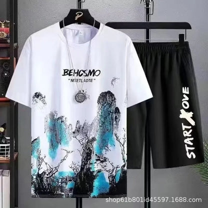 Completo sportivo da tre pezzi per ragazzi, composto da pantaloncini ad asciugatura rapida, t-shirt a maniche corte alla moda e abbigliamento casual estivo leggero per studenti.