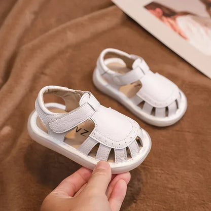 Sandali in vera pelle per neonati e bambini, scarpe estive da spiaggia con personaggi dei cartoni animati, scarpe casual per neonati con suola morbida e antiscivolo.