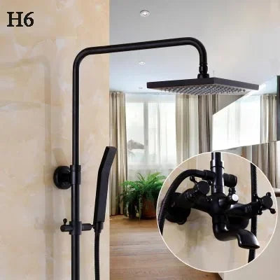 Bathroom Antique Black Painting Brass Lifting Column Wall Mount Shower Set 8" 3-Functions Hot Cold Rainfall Shower Mixer Tap