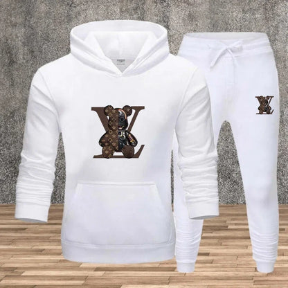 Nuovo set da uomo con felpa con cappuccio stampata, tessuto morbido, casual, streetwear, fitness, jogging, abbigliamento sportivo, completo a 2 pezzi, comodo