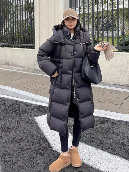 Winter Thicken Long Hooded Down Jacket Women White Duck Down Parker Knee Length Jackets Female Warm Zipper Waterproof Outwears