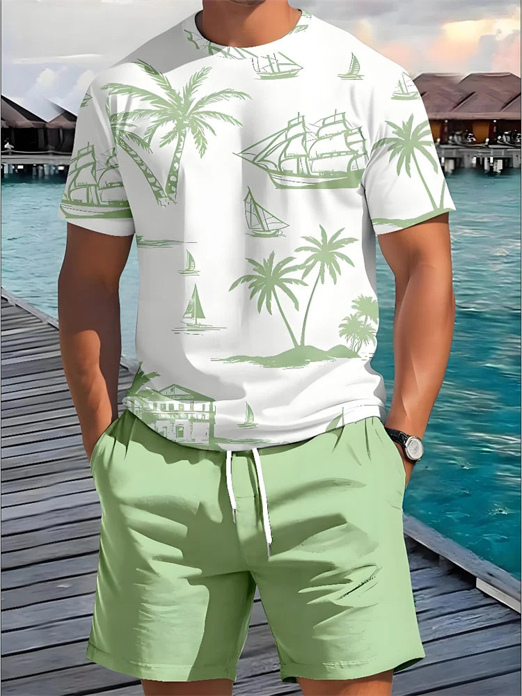 Completo estivo casual da uomo composto da 2 pezzi: pantaloncini a maniche corte con stampa hawaiana, t-shirt da uomo e pantaloncini da spiaggia per sport all'aria aperta.