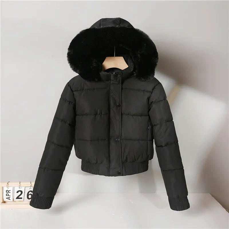 Parkas Down Jacket Women Winter Cotton Short Coat Hooded Fur Collar Office Lady Outerwear Thicken Warm Windproof Overcoat 2025