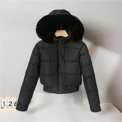 Parkas Down Jacket Women Winter Cotton Short Coat Hooded Fur Collar Office Lady Outerwear Thicken Warm Windproof Overcoat 2025