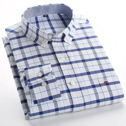 Camicia da uomo a quadri con bottoni a maniche lunghe in cotone 100%, con tasca singola sul petto, vestibilità standard, casual, stile Oxford a quadri e righe