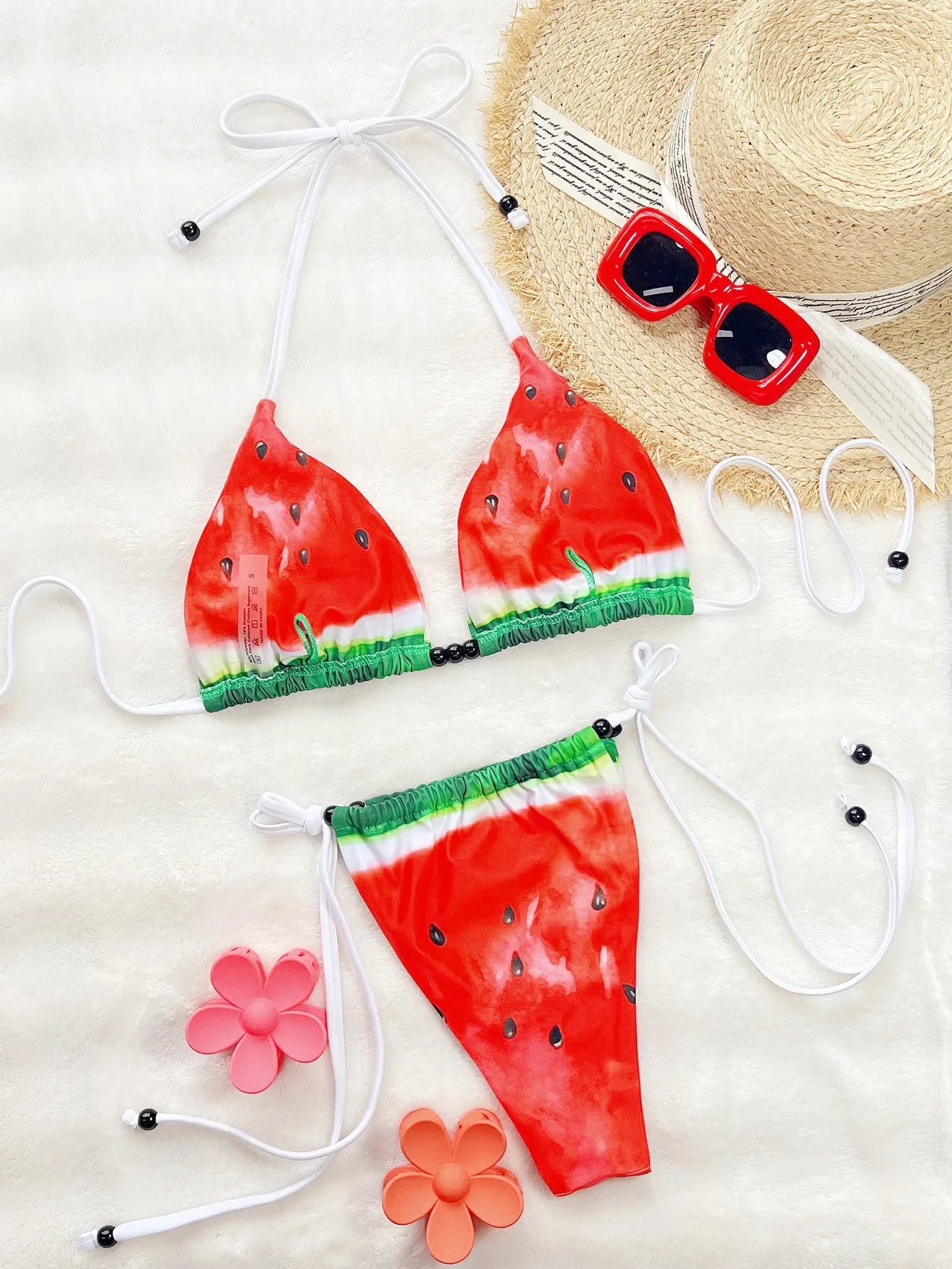 Bikini sexy con stampa anguria rossa 2025 da donna, costume da bagno micro push-up con laccetti e perline, tanga a fascia.