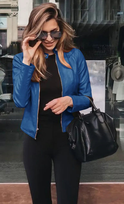 Autumn and Winter Women's Large Size Leather Jacket Fashionable Solid Color Slim Street Elegant Versatile Top PU Suit Jacket
