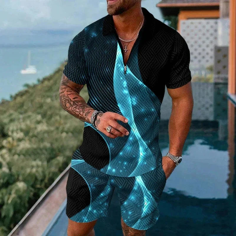 Completo da uomo composto da polo con cerniera, tinta unita, stampa 3D sfumata, colletto polo e pantaloncini. Abbigliamento estivo oversize per le vacanze alle Hawaii.