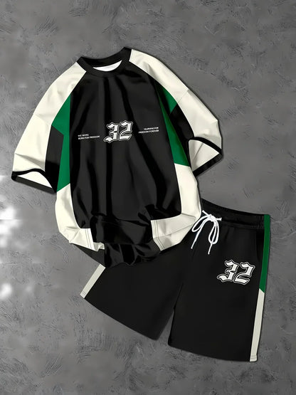 Completo estivo da uomo con pullover girocollo, t-shirt sportiva con stampa di lettere, pantaloncini a maniche corte morbidi, set due pezzi con t-shirt.