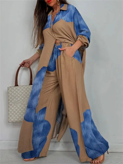Women Autumn Fashion Casual Color Blocked Loose Shirt Top and Pants Two-piece Set Comfortable Straight Pants Female Suits 2025