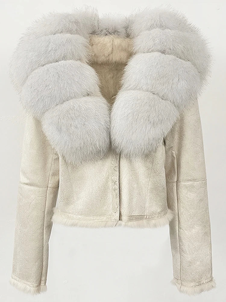 OFTBUY Fashion Short Natural Fox Fur Collar Coat Female New Autumn Winter Fur Clothing Real Rabbit Fur Liner Suede Jacket Women