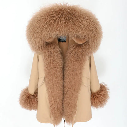 MAOMAOKONG Cappotto invernale in vera pelliccia di volpe da donna, lungo parka, collo in procione naturale, cappuccio, spesso e caldo, fodera in pelliccia staccabile