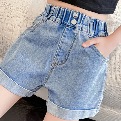1 pz Pantaloncini di jeans estivi per bambina, a vita media, per neonate e adolescenti, casual, classici, alla moda, larghi, morbidi, in denim.