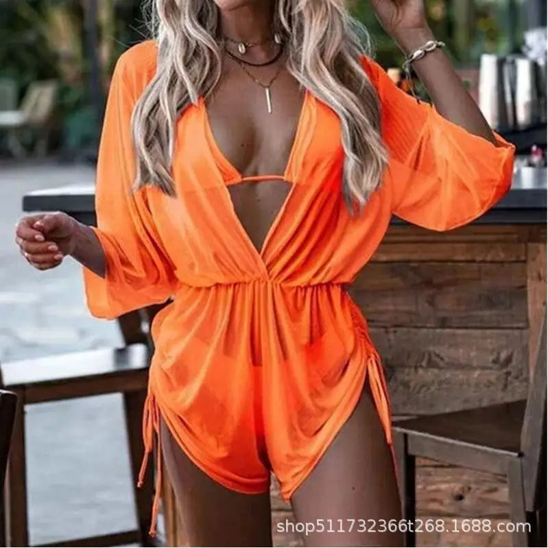Conservative Leaf Print Bikini Three Piece Set Waist Cinching String Sports Style Beach Swimsuit High Elasticity Polyester
