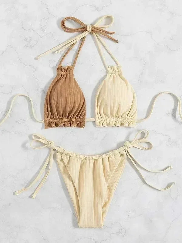 2026 Bikini sexy da donna, costume da bagno con coulisse, patchwork, ascelle a righe, doppie spalline, bikini all'americana, set da spiaggia, costume da bagno
