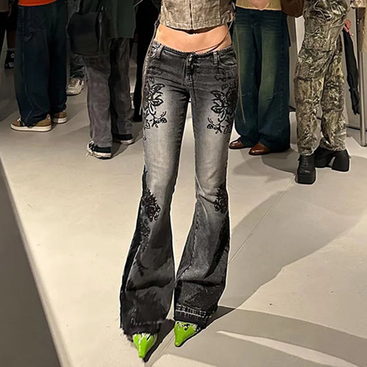 Jeans da donna New American Retro Street Style Stampa vegetale Lavato Vintage Pantaloni a zampa a vita bassa Trendy Versatile